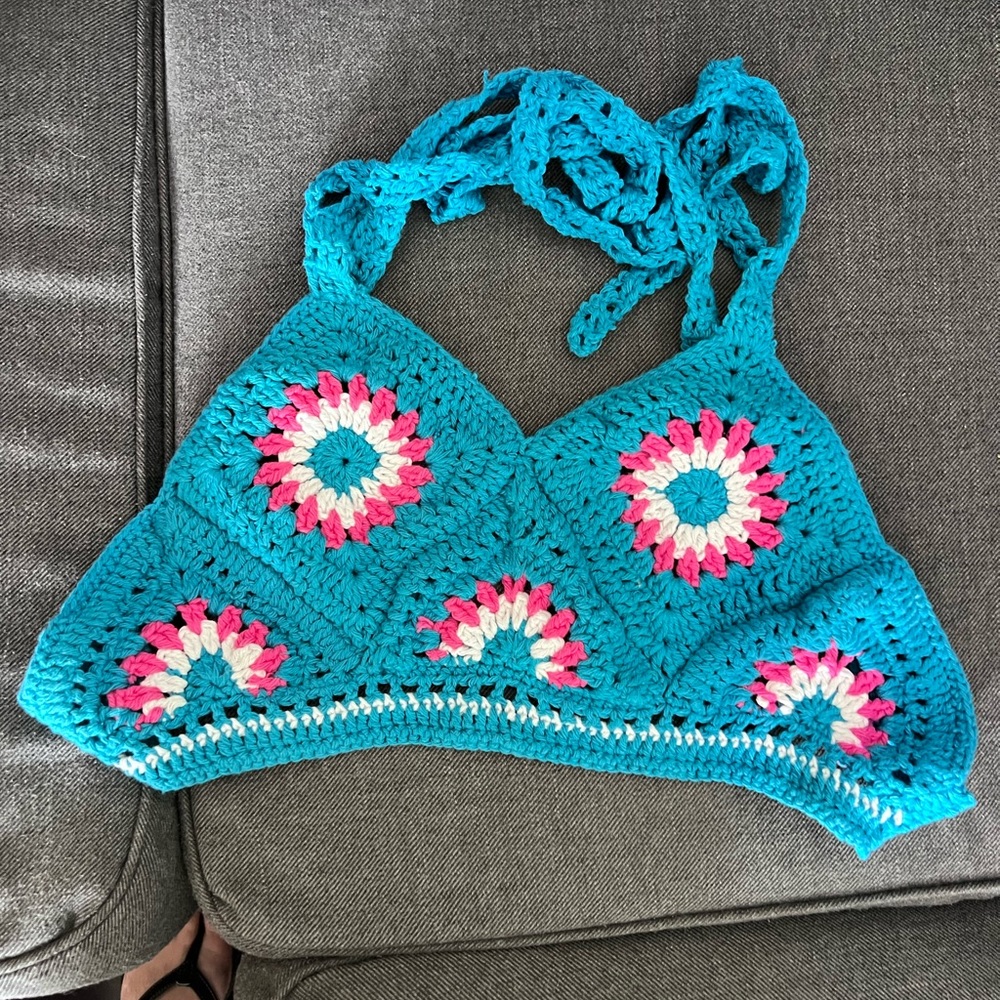 Handmade Crochet Halter Half Top in Blue, Pink and White.